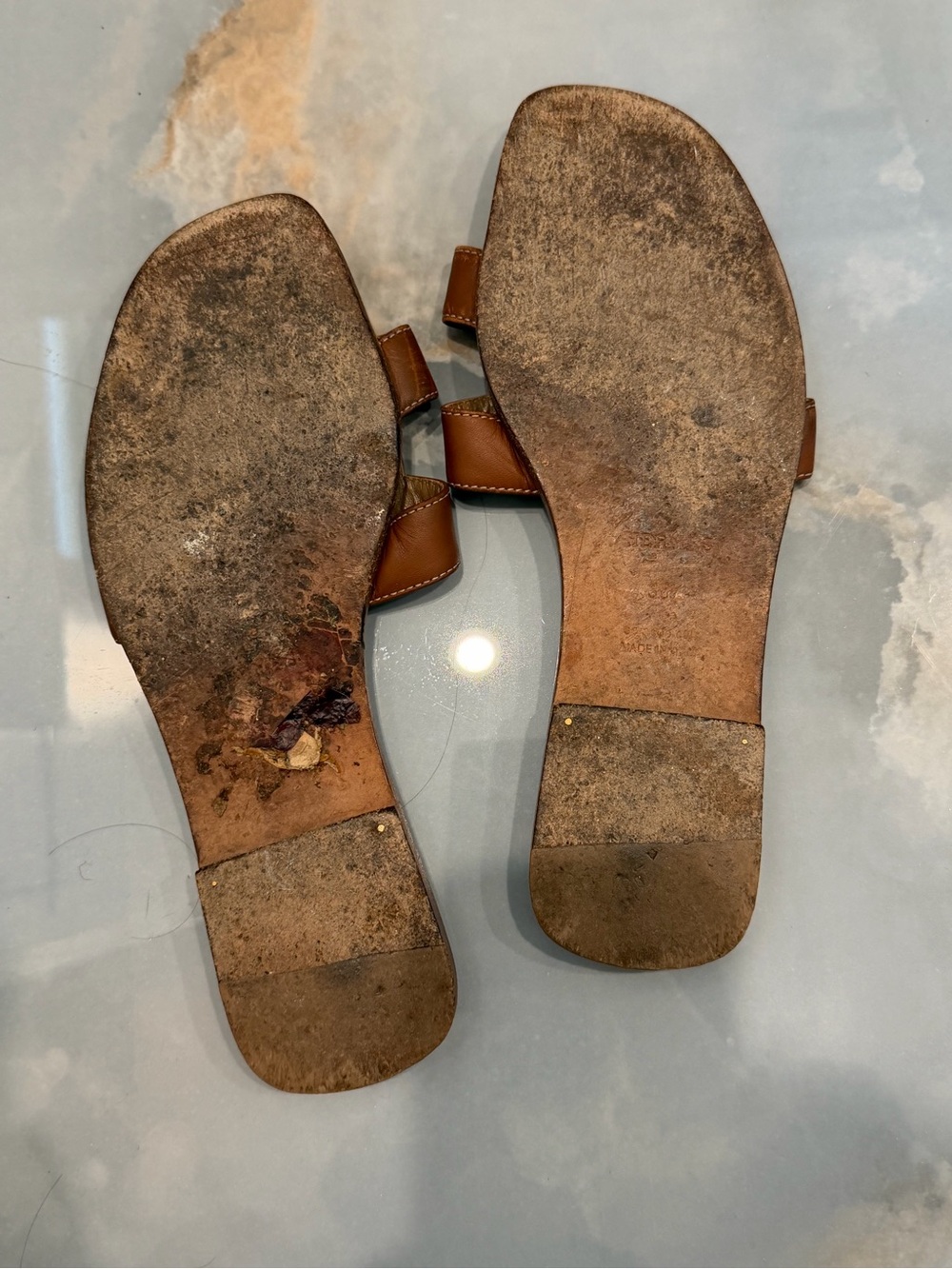 Hermes Oran Gold Brown Leather Slide Sandals 38.5 - Picture 2 of 2